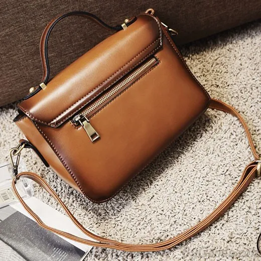 Retro Brown Glossy Flap Magnetic Metal Button Handbag PU Messenger Bag Shoulder Bag